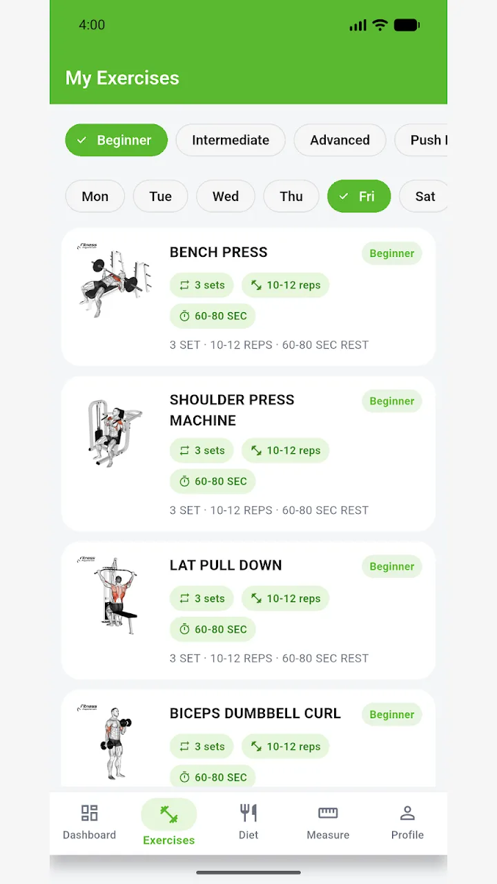 Guru Fitness Club app workout plan screen
