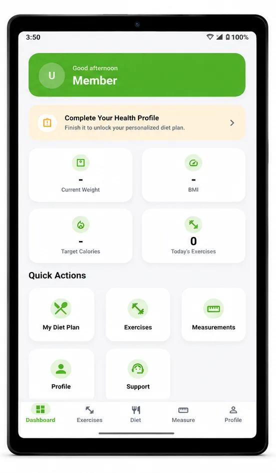 Guru Fitness Club app — Member Dashboard — Tablet